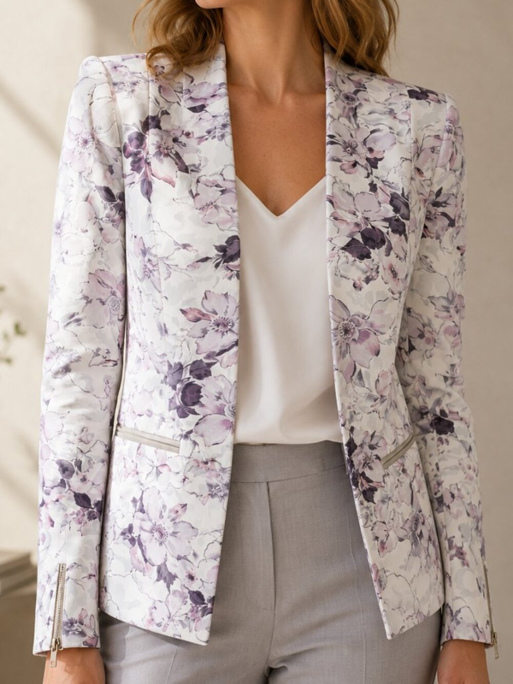 Rebecca Taylor Floral Ponte Blazer Lambskin Leather Trim Zip Cuff Size 12